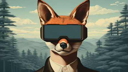 3D illustration of a fox wearing a virtual reality helmet in the mountainsの素材