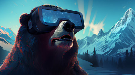 Bear wearing virtual reality goggles in the mountains. Vector illustration in cartoon styleの素材