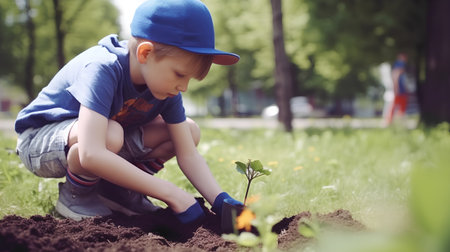 Cute little boy planting a tree in the garden on summer dayの素材