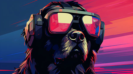 Vector illustration of a black dog in a helmet and glasses. The concept of extreme sports.の素材