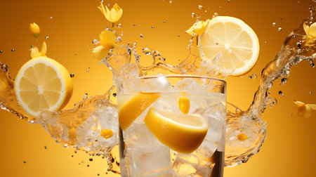 Glass of fresh lemonade with ice cubes and splashes on yellow backgroundの素材
