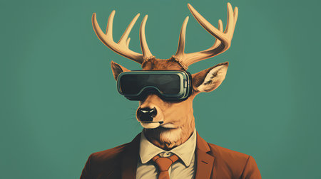 Portrait of a deer wearing a virtual reality headset. Business concept.の素材