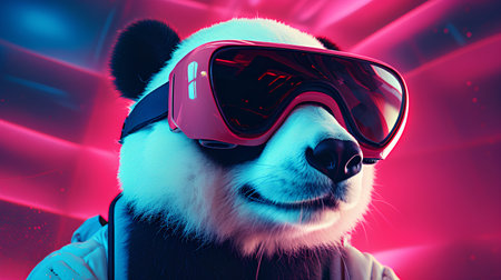 Portrait of a panda wearing a helmet and goggles. 3d renderingの素材