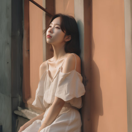 Portrait of a beautiful Vietnamese girl in white dressの素材