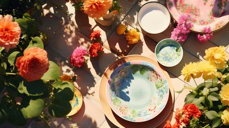 Beautiful table setting with plates, crockery and flowers in gardenの素材