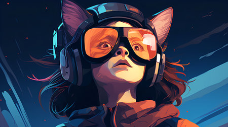 Vector illustration of a girl in a helmet with headphones and glasses.の素材