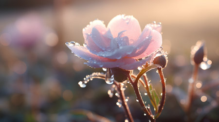 Beautiful pink rose with dew drops in the morning light.の素材