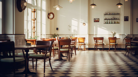 Interior of a restaurant with tables and chairs, retro tonedの素材