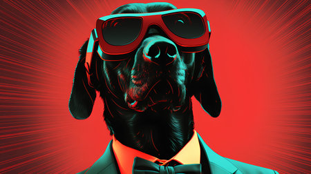 Dachshund dog wearing ski goggles and bowtie on red backgroundの素材