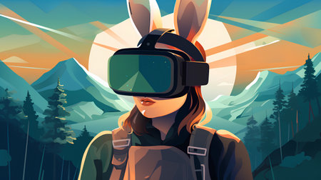 Woman wearing virtual reality goggles in the mountains. Vector cartoon illustration.の素材