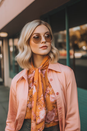 beautiful young woman in sunglasses and orange scarf walking on city streetの素材
