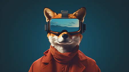 Funny fox wearing a red coat and a virtual reality headset.の素材