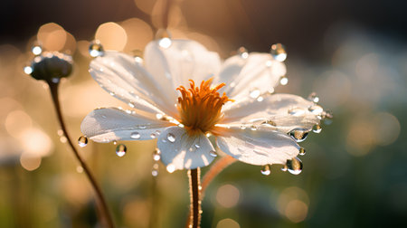 Beautiful white flower with water drops on the background of the setting sunの素材