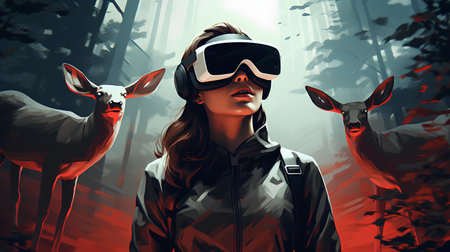 Beautiful young woman in a forest with deer. 3d renderingの素材
