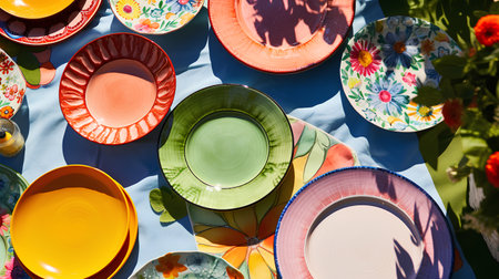 Colorful ceramic tableware and plates on the table, top viewの素材