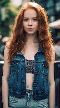 Portrait of a beautiful young woman with red hair in denim jacketの素材