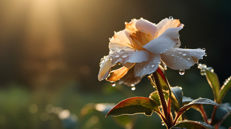 Morning dew on a white flower in the rays of the setting sunの素材