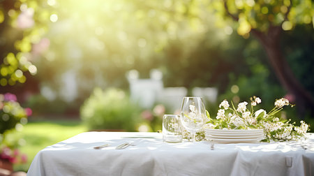 Summer table setting in the garden with white tablecloth and glasses.の素材