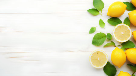 Fresh lemons and mint leaves on white wooden background. Top view with copy space.の素材