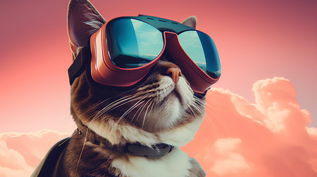 Portrait of a cat wearing aviator glasses on the sky background.の素材