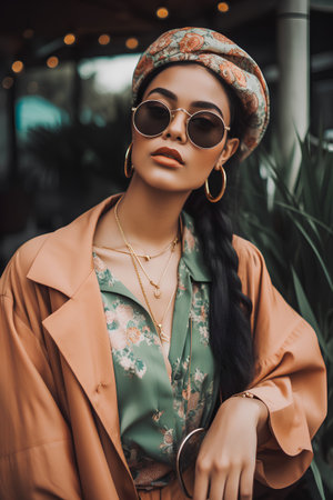 Fashionable young woman in sunglasses and a headscarf.の素材