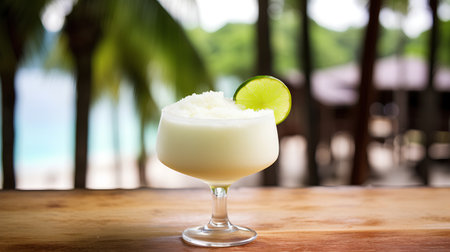 Cocktail with coconut and lime on wooden table over blurred beach backgroundの素材