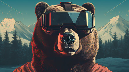 Bear wearing virtual reality goggles in the mountains. 3D illustration.の素材