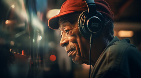 Portrait of an old man with headphones listening to music at nightの素材