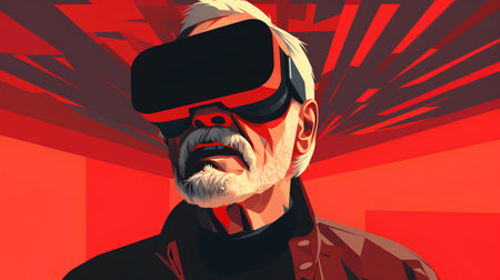 Old man wearing virtual reality goggles. Vector illustration of old man in virtual reality headset.の素材