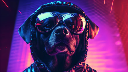 Portrait of a dog wearing sunglasses and hoodie. Studio shot.の素材
