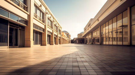 Empty street in modern city. Perspective view of empty street with glass buildings.の素材