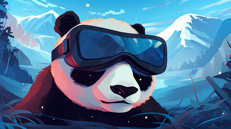 Panda in a ski mask in the mountains. Vector illustration.の素材