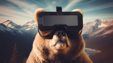 Bear wearing virtual reality goggles on the background of mountains. 3d renderingの素材