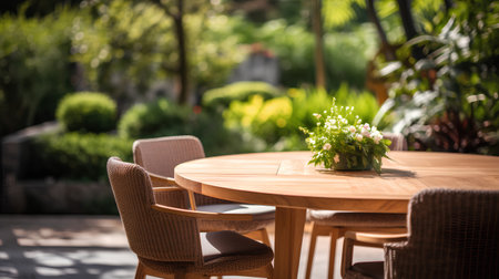 Wooden table and chairs in the garden. Selective focus.の素材