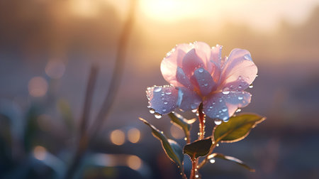Beautiful flowers with dew drops in the rays of the setting sunの素材