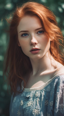 Portrait of beautiful young redhead woman with freckles on faceの素材