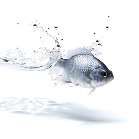 water splash and fish isolated on white background. 3d illustration.の素材