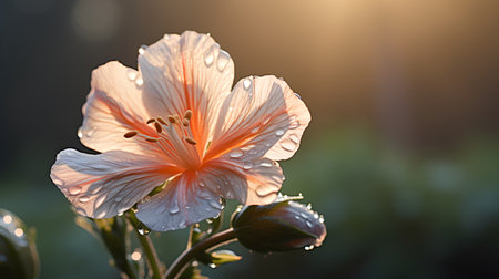 Beautiful orange hibiscus flower with dew drops on blurred backgroundの素材