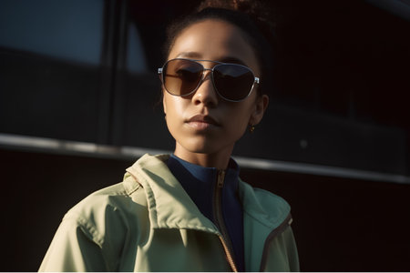 stylish african american woman in sunglasses and coat looking at cameraの素材