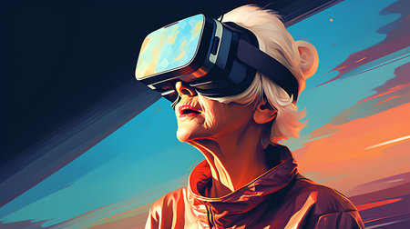 Woman in virtual reality headset. Future technology concept. 3d illustrationの素材
