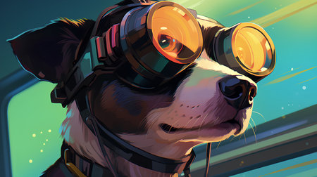 Portrait of a dog in a helmet and glasses. Vector illustration.の素材