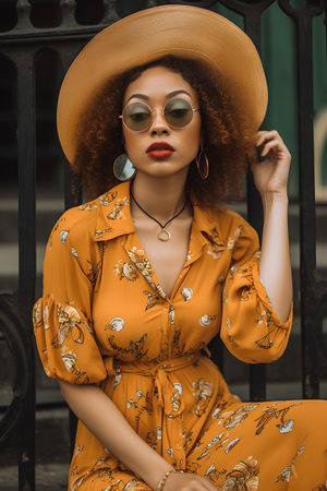 stylish african american woman in orange dress and straw hatの素材