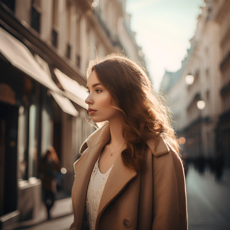 Beautiful young woman in beige coat walking in the city.の素材