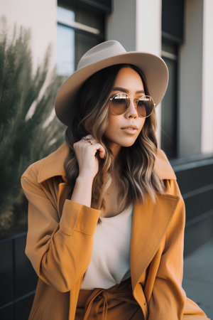 beautiful young woman in sunglasses and hat looking at camera on streetの素材