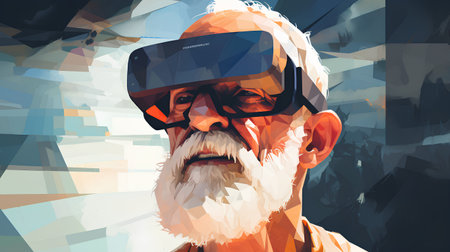 Old man with virtual reality goggles. 3D illustration. Vintage style.の素材