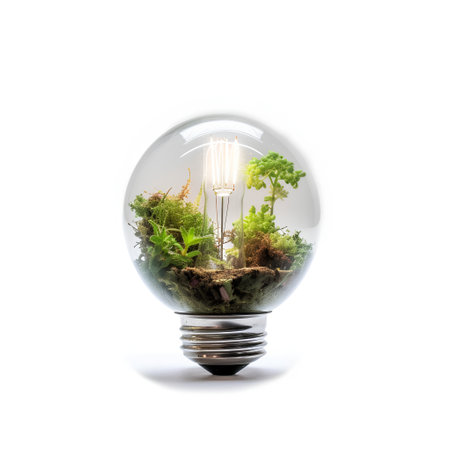Glowing light bulb with green plants inside isolated on white background.の素材