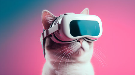 Cute cat wearing virtual reality goggles. Isolated on pink background.の素材
