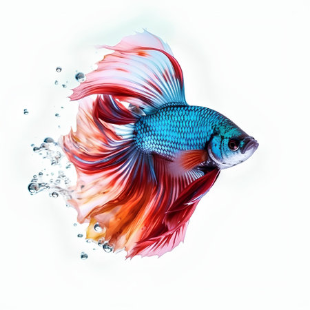 Capture the moving moment of red-blue siamese fighting fish isolated on white background. Betta fish.の素材