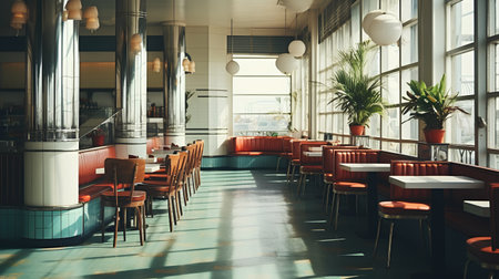 Interior of a cafe with tables and chairs, toned imageの素材