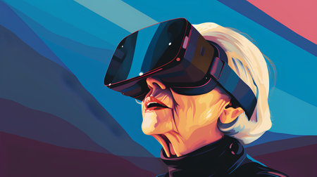 Old woman in virtual reality glasses. Vector illustration. Cartoon style.の素材